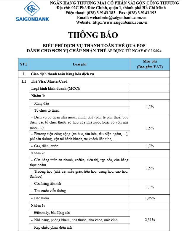 THÔNG BÁO BIỂU PHÍ DỊCH VỤ THANH TOÁN THẺ QUA POS DÀNH CHO ĐƠN VỊ CHẤP NHẬN THẺ ÁP DỤNG TỪ NGÀY 01/11/2024