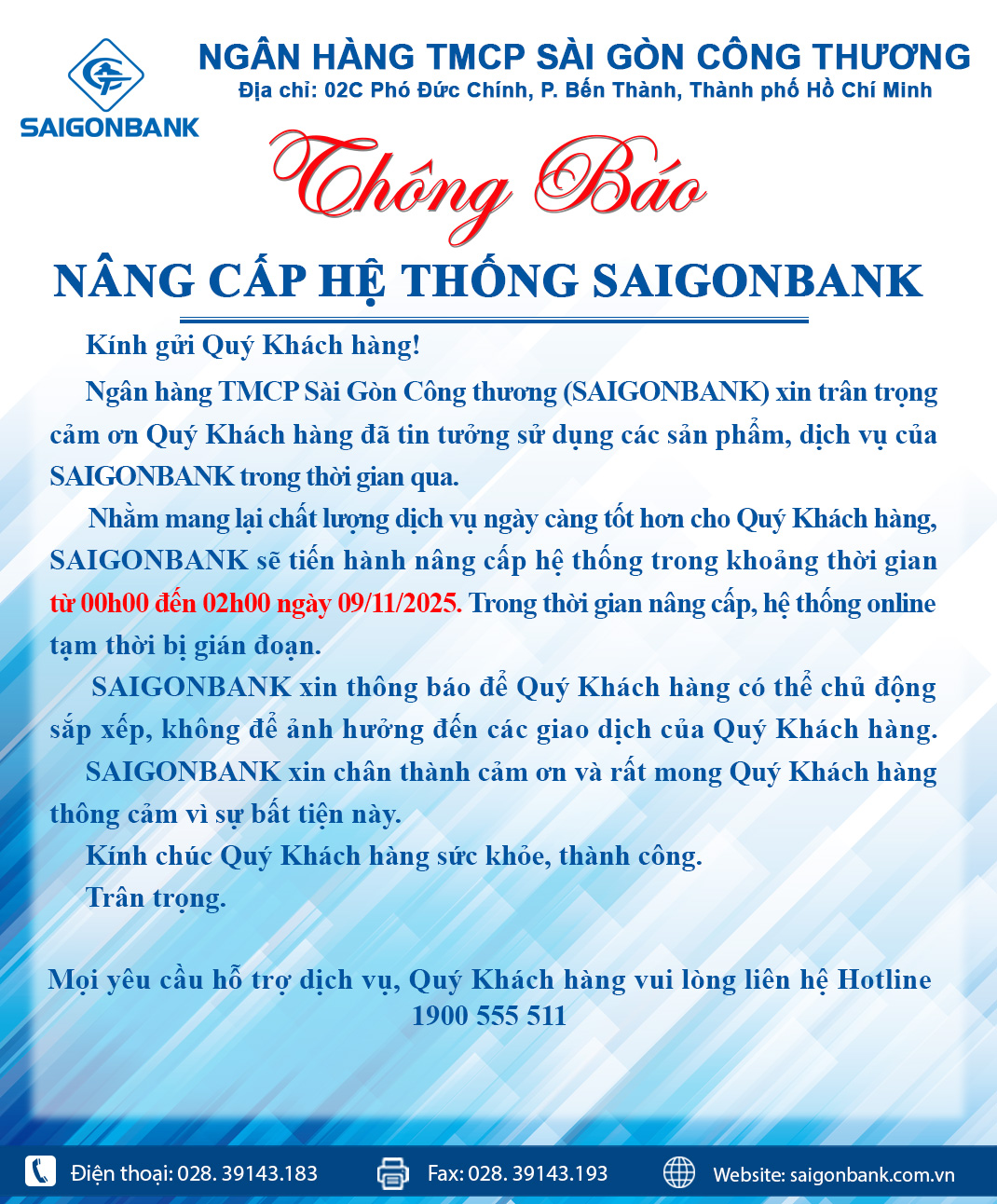 THÔNG BÁO NÂNG CẤP HỆ THỐNG SAIGONBANK