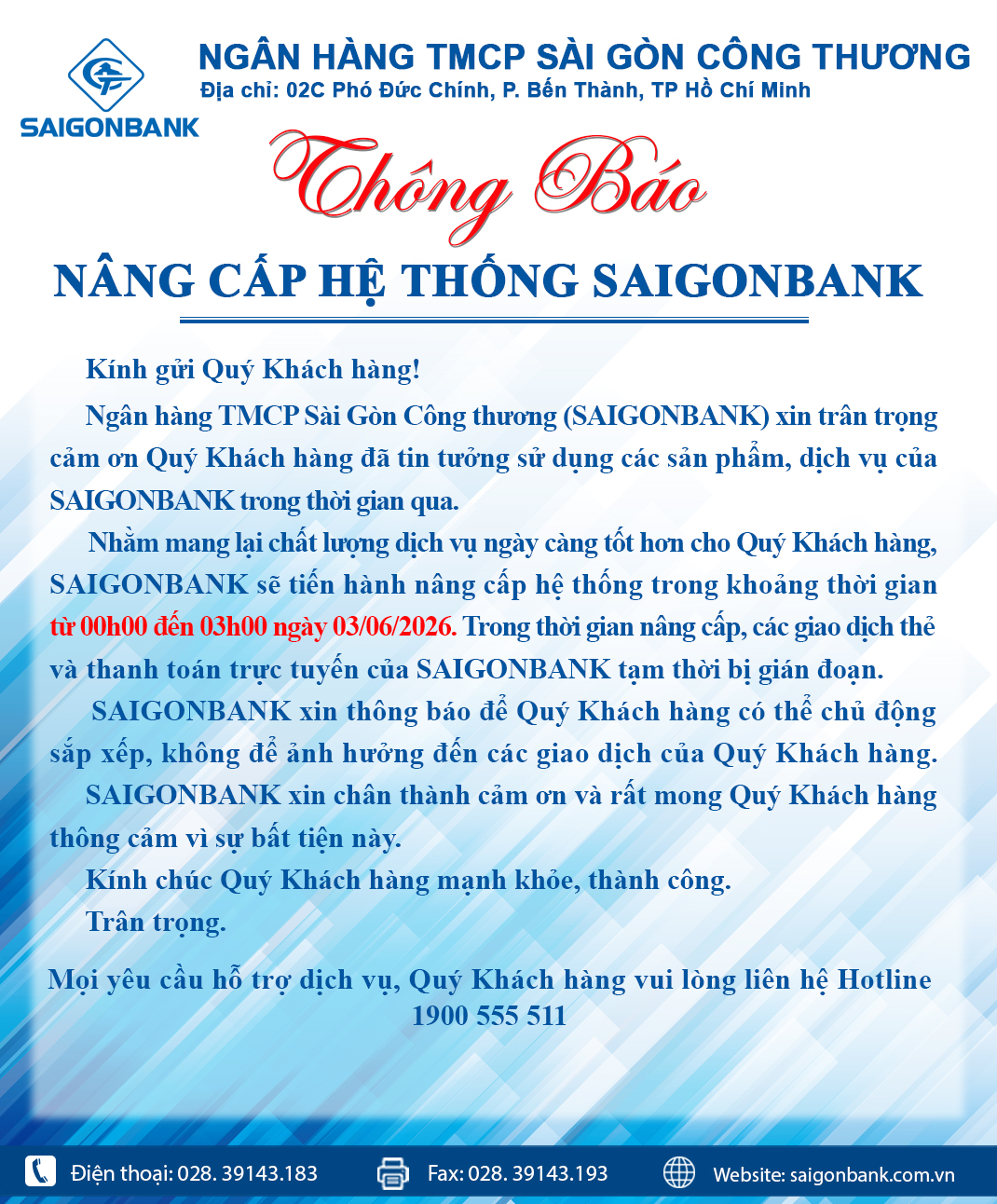 THÔNG BÁO NÂNG CẤP HỆ THỐNG SAIGONBANK